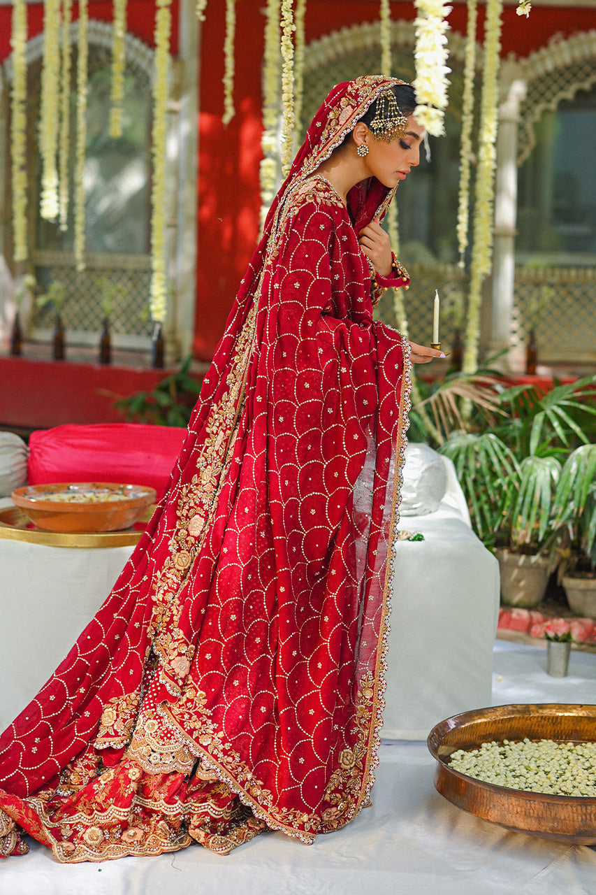 Pakistani Deep Red Zardoze Cotton Net & Brocade Bridal Lehenga (3-Piece) - Image 7