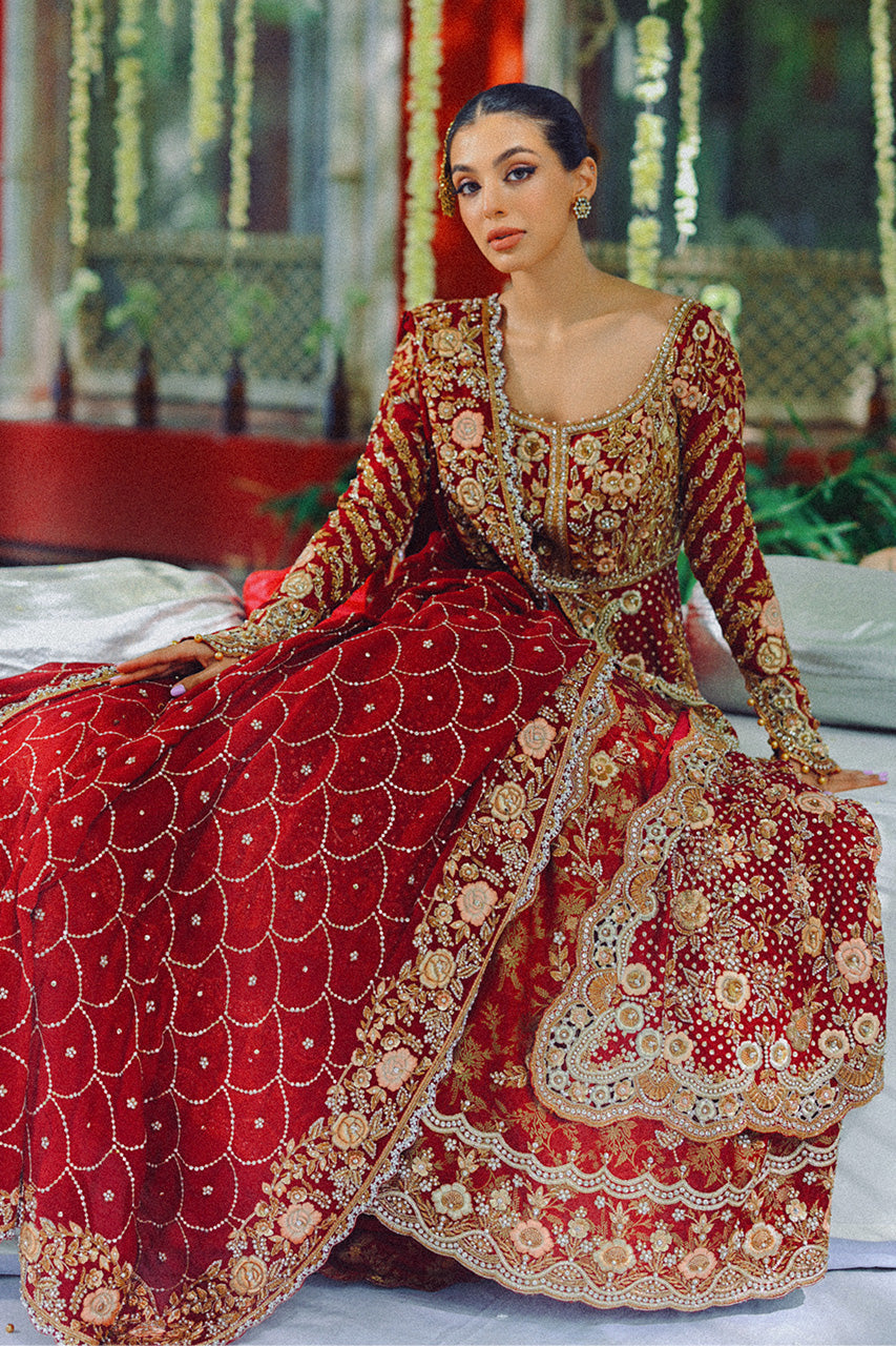 Pakistani Deep Red Zardoze Cotton Net & Brocade Bridal Lehenga (3-Piece) - Image 8