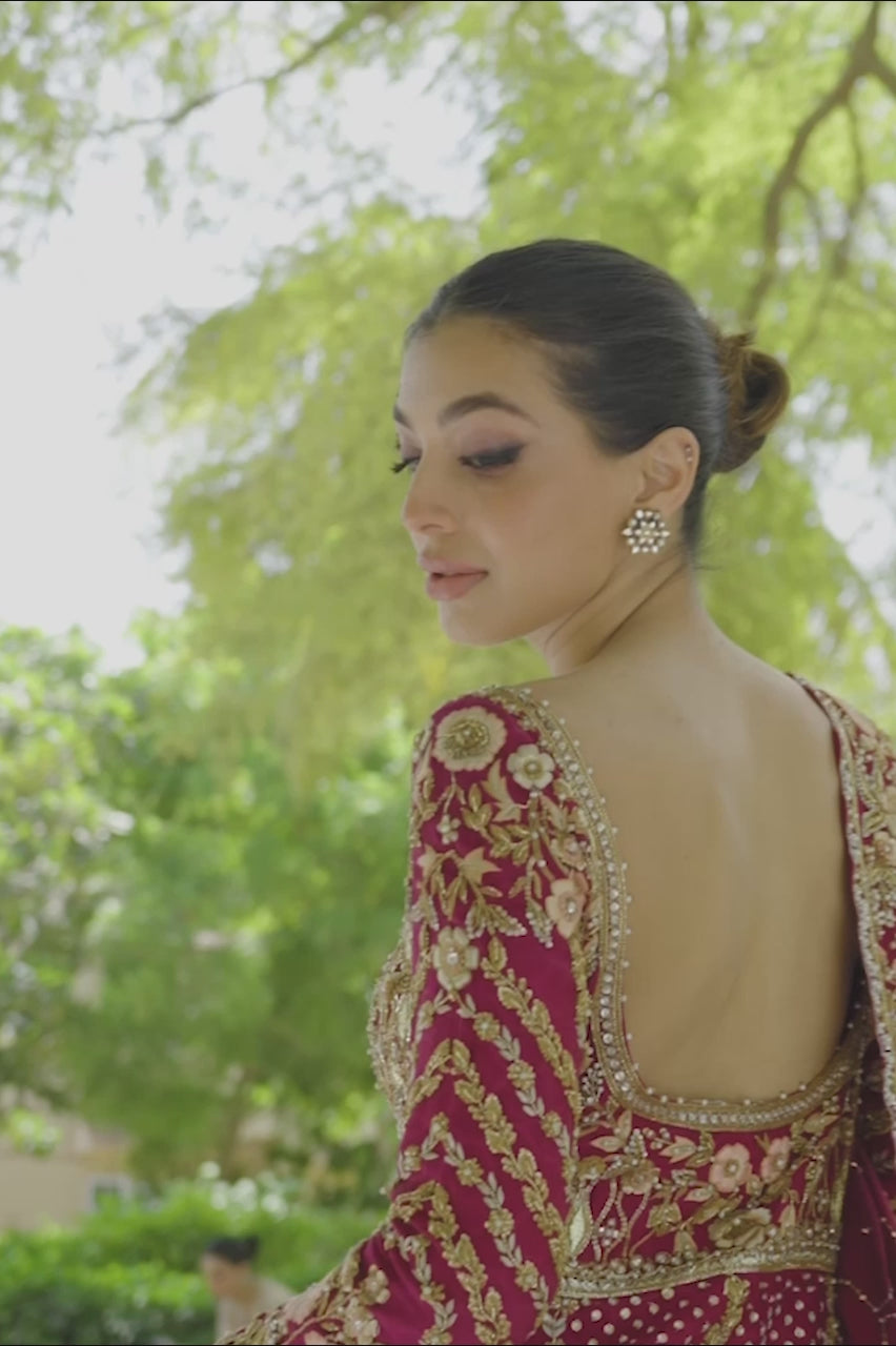 Pakistani Deep Red Zardoze Cotton Net & Brocade Bridal Lehenga (3-Piece) - Image 9