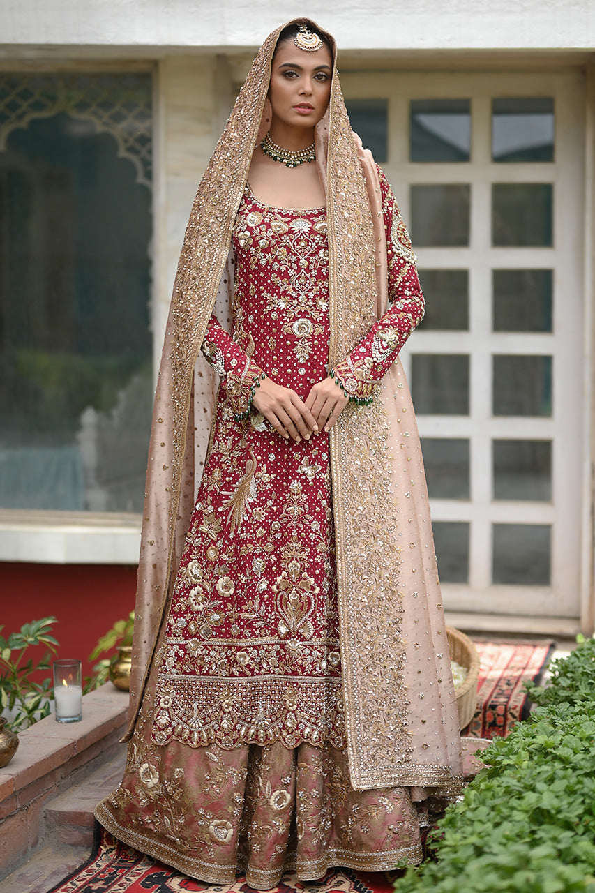 Pakistani Crimson Zardozi Cotton Net Bridal Lehenga (3-Piece) - Image 2