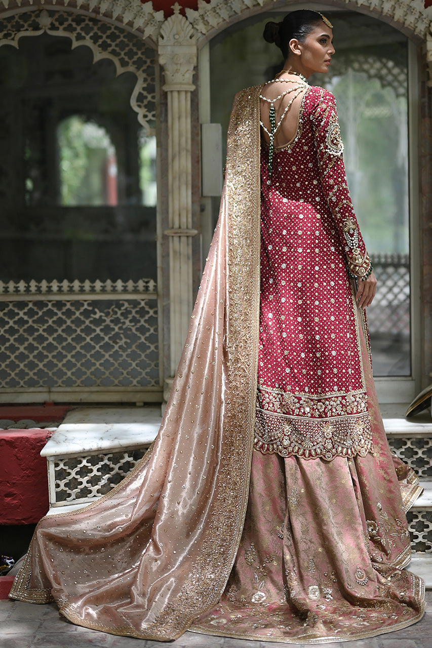 Pakistani Crimson Zardozi Cotton Net Bridal Lehenga (3-Piece) - Image 3