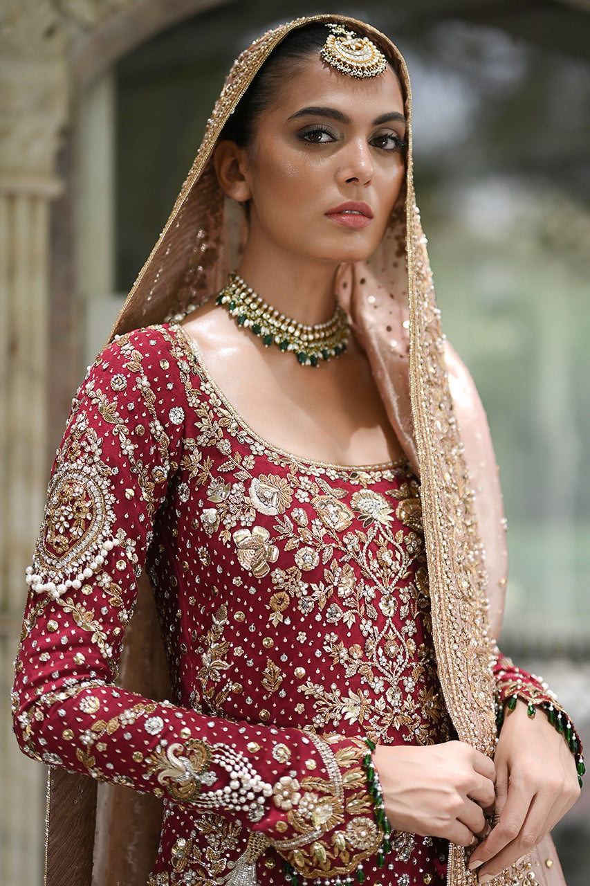 Pakistani Crimson Zardozi Cotton Net Bridal Lehenga (3-Piece) - Image 4