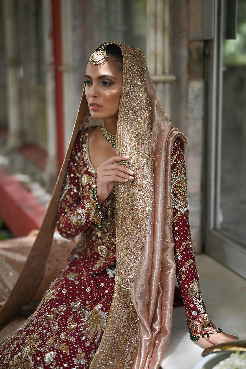 Pakistani Crimson Zardozi Cotton Net Bridal Lehenga (3-Piece) - Image 5