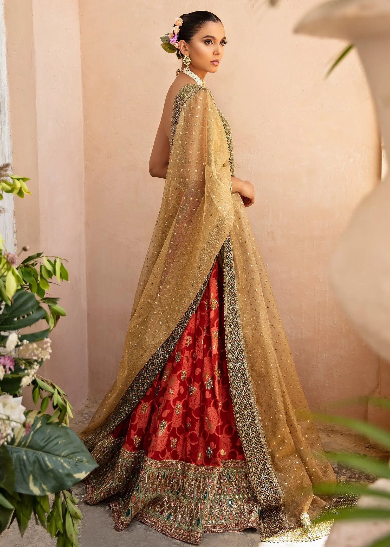 Gold and Red Embroidered Brocade Lehenga Choli (3-Piece) - Image 2
