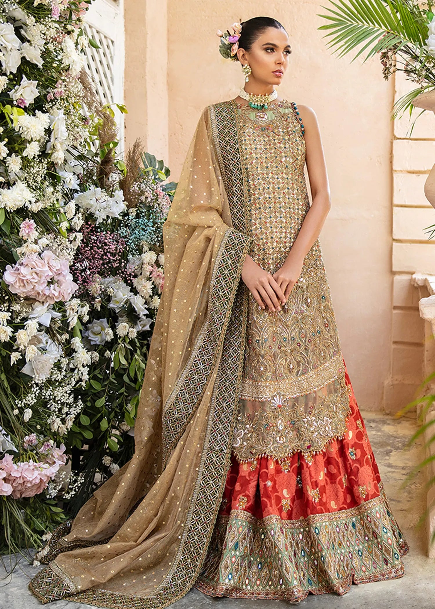 Pakistani Red and Gold Embellished Brocade Lehenga Choli (3-Piece) - Image 1