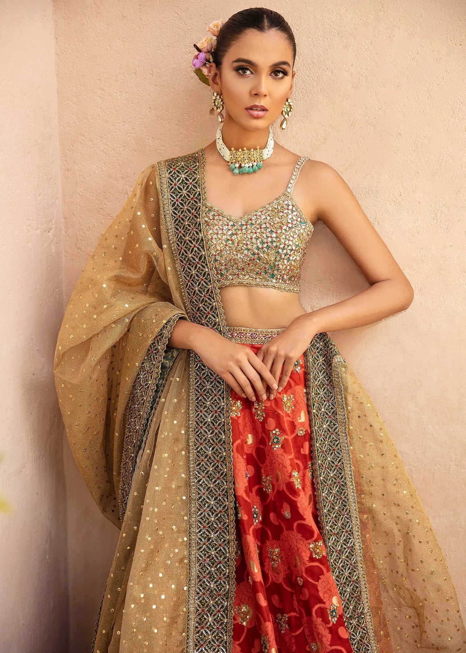 Pakistani Red and Gold Embroidered Brocade Lehenga Choli (3-Piece) - Image 3