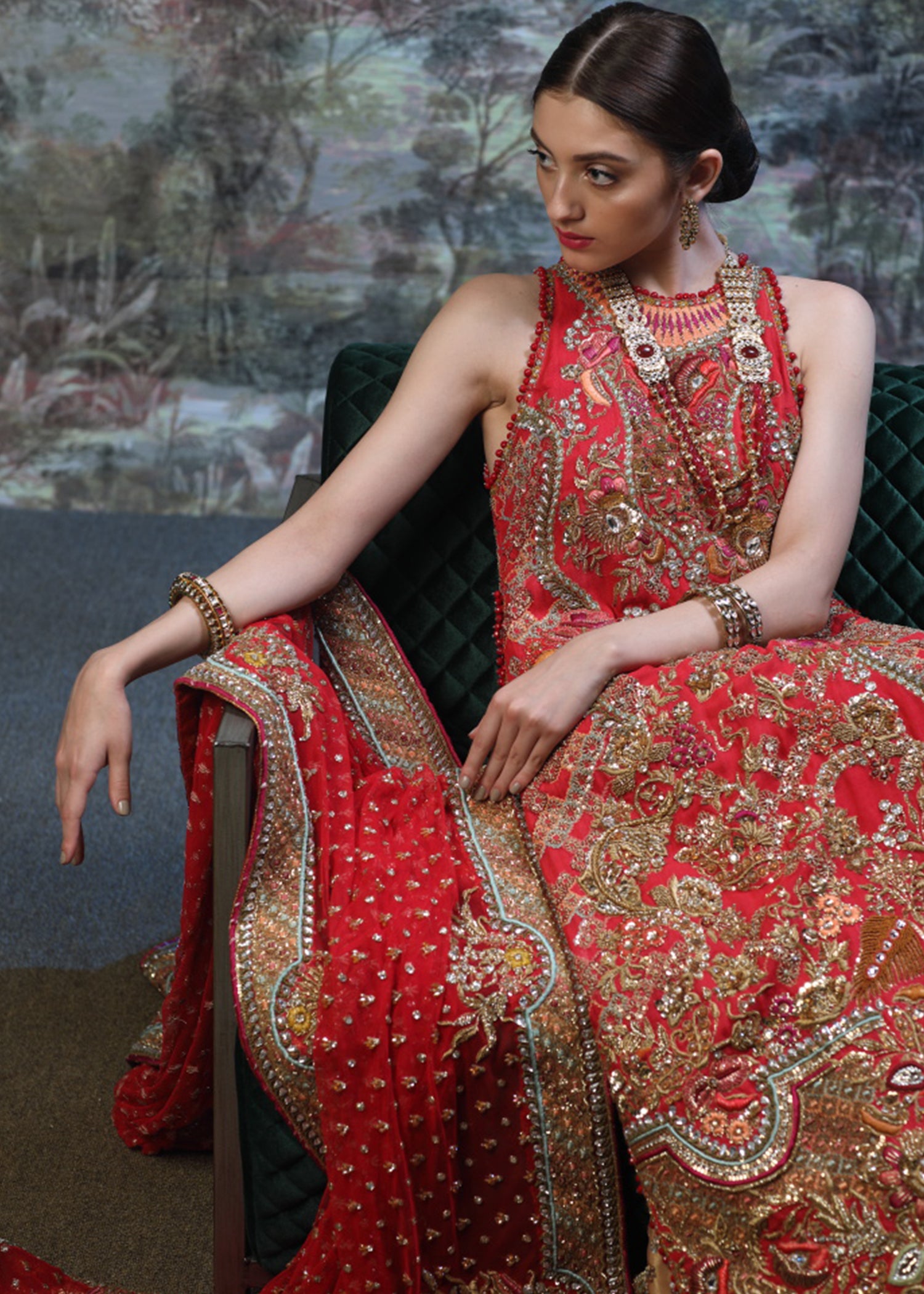 Crimson Gold Embellished Silk-Blend Bridal Lehenga (3-Piece) - Image 5