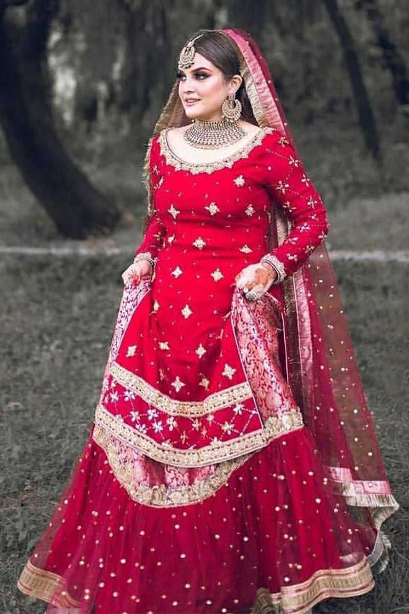 Deep Red Embroidered Silk Net Bridal Lehenga (3-Piece) - Image 1