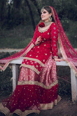 Deep Red Embroidered Silk Net Bridal Lehenga (3-Piece) - Image 2