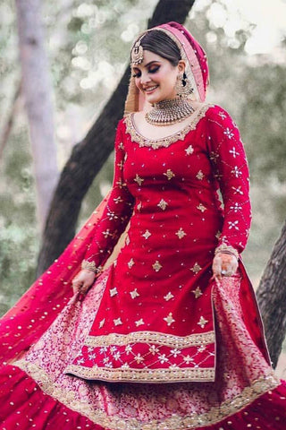 Deep Red Embroidered Silk Net Bridal Lehenga (3-Piece) - Image 3