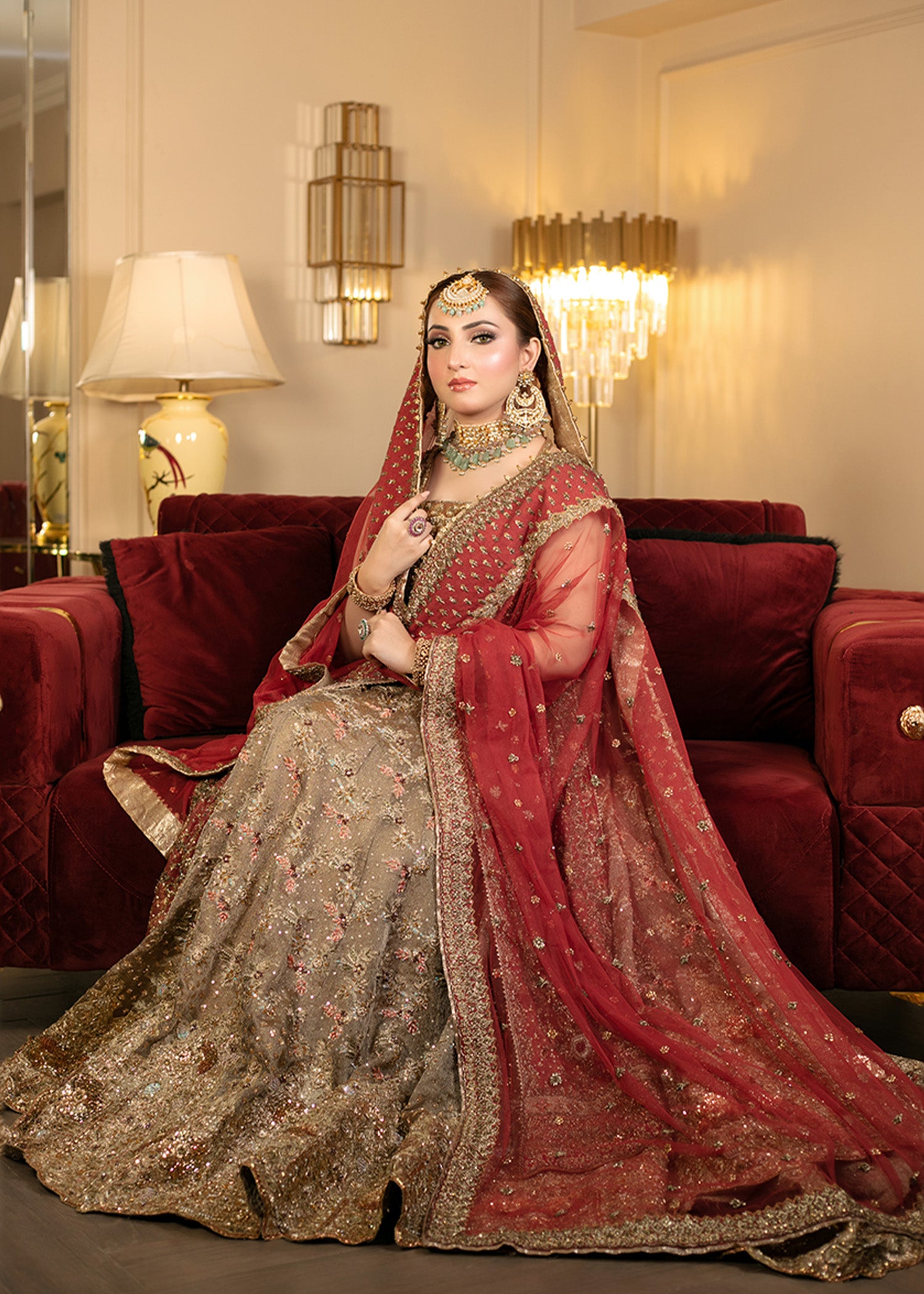Pakistani Deep Red Zardozi Brocade Bridal Lehenga (3-Piece) - Image 1