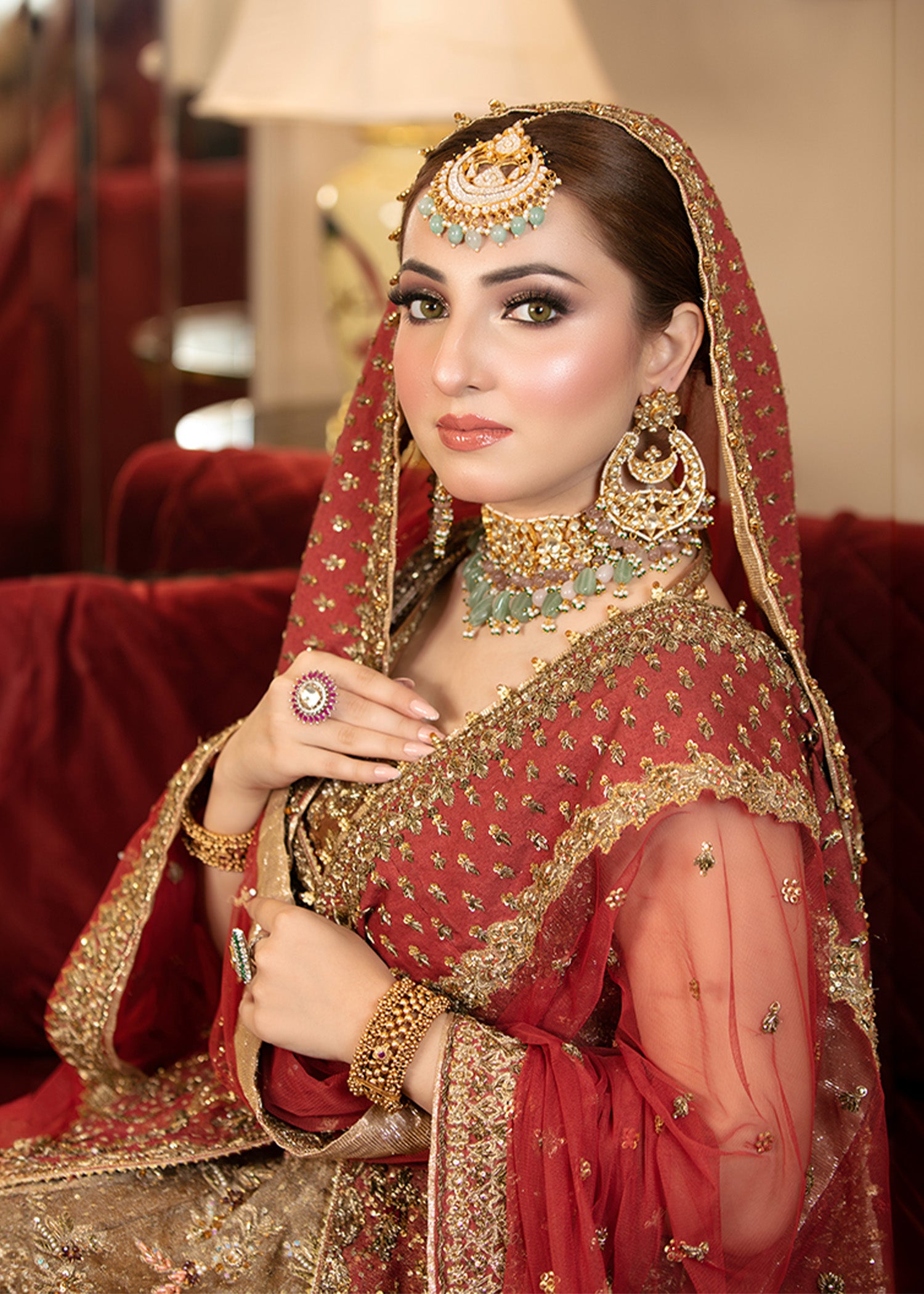 Pakistani Deep Red Zardozi Brocade Bridal Lehenga (3-Piece) - Image 2