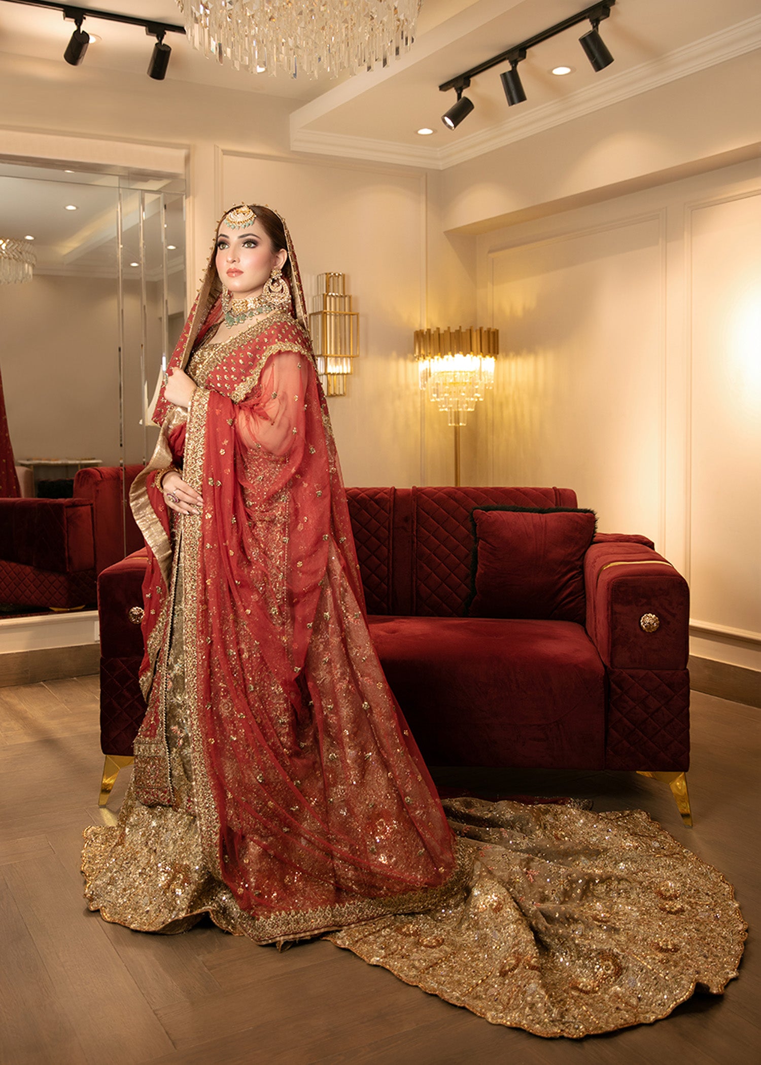 Pakistani Deep Red Zardozi Brocade Bridal Lehenga (3-Piece) - Image 3