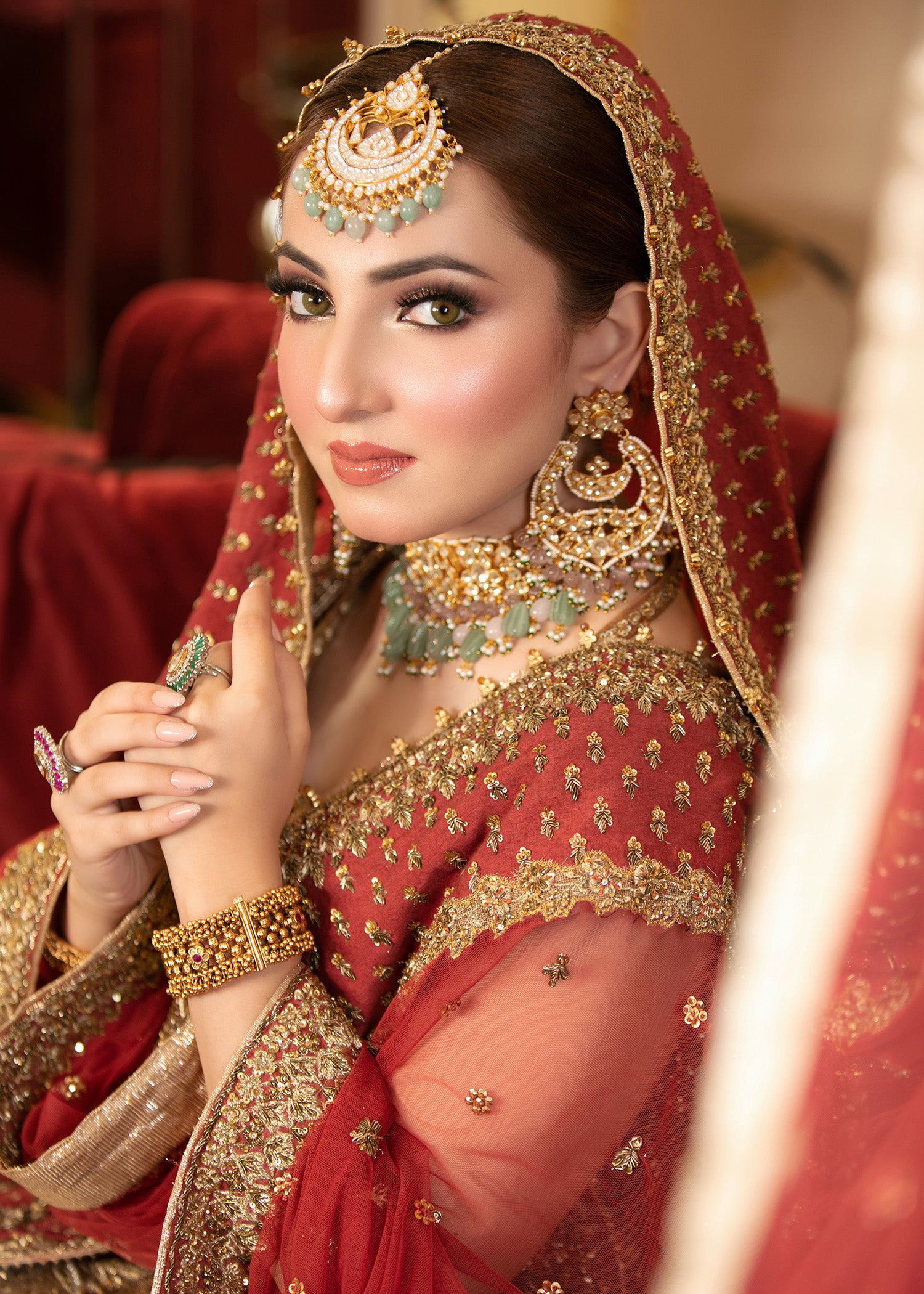 Pakistani Deep Red Zardozi Brocade Bridal Lehenga (3-Piece) - Image 4