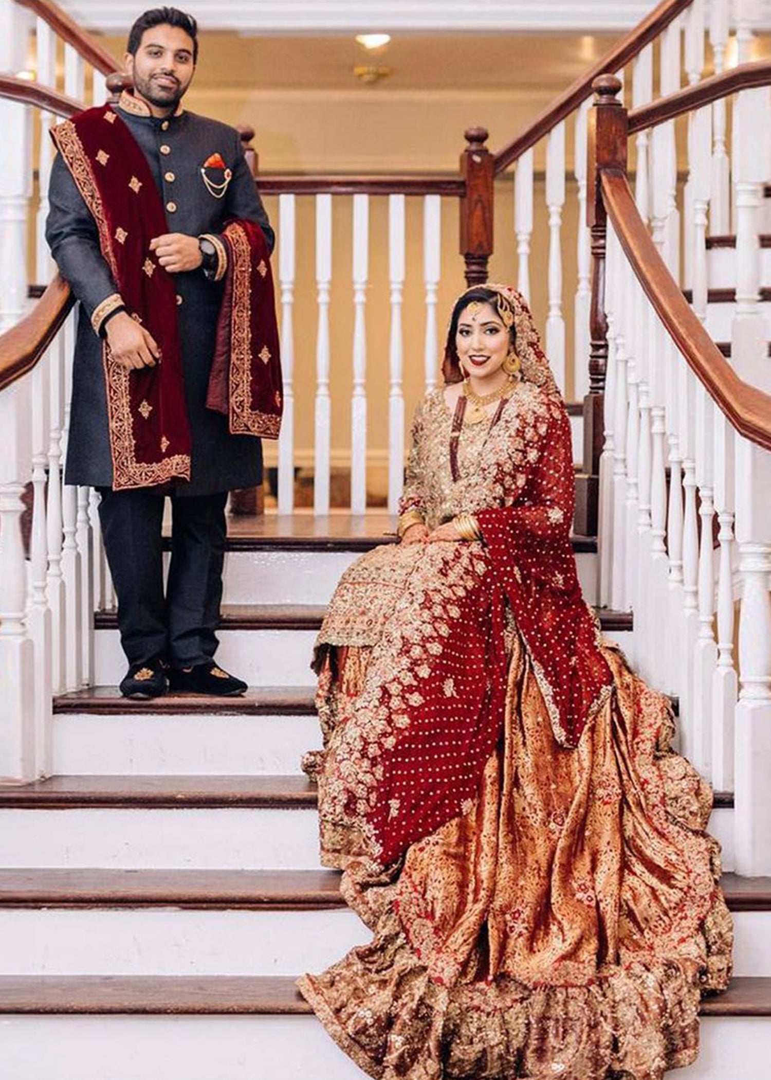 Pakistani Deep Red Gold Embroidered Jamawar Bridal Lehenga (3-Piece) - Image 1