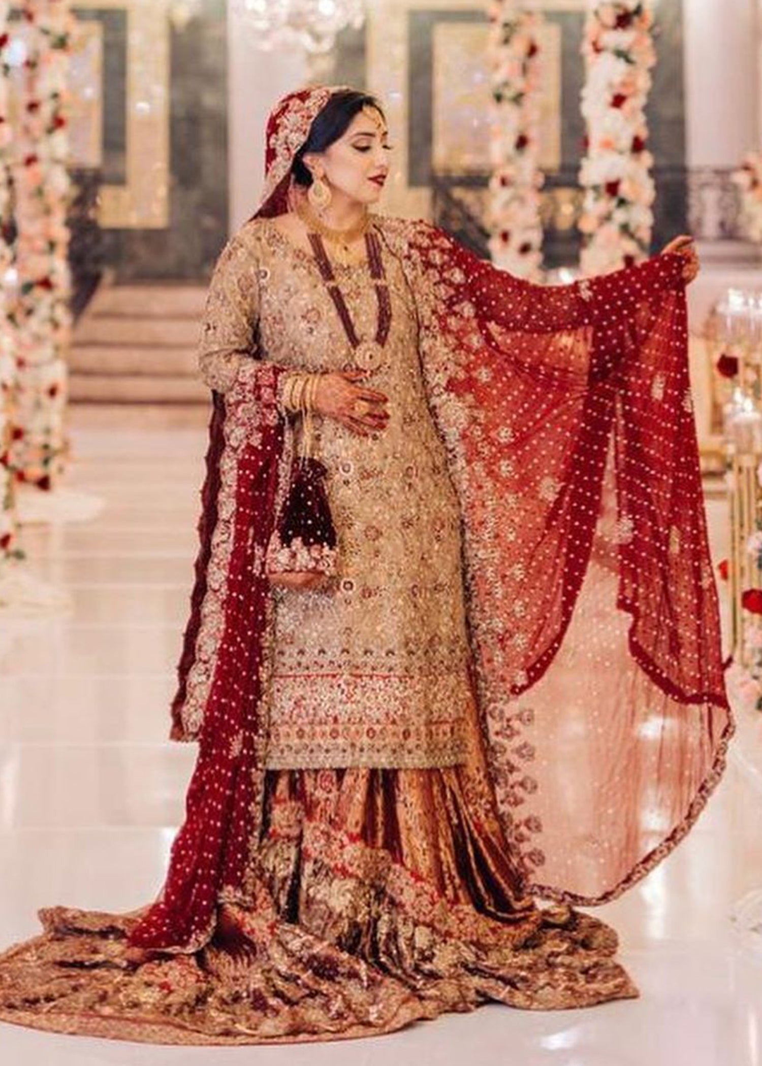 Pakistani Deep Red Gold Embroidered Jamawar Bridal Lehenga (3-Piece) - Image 2
