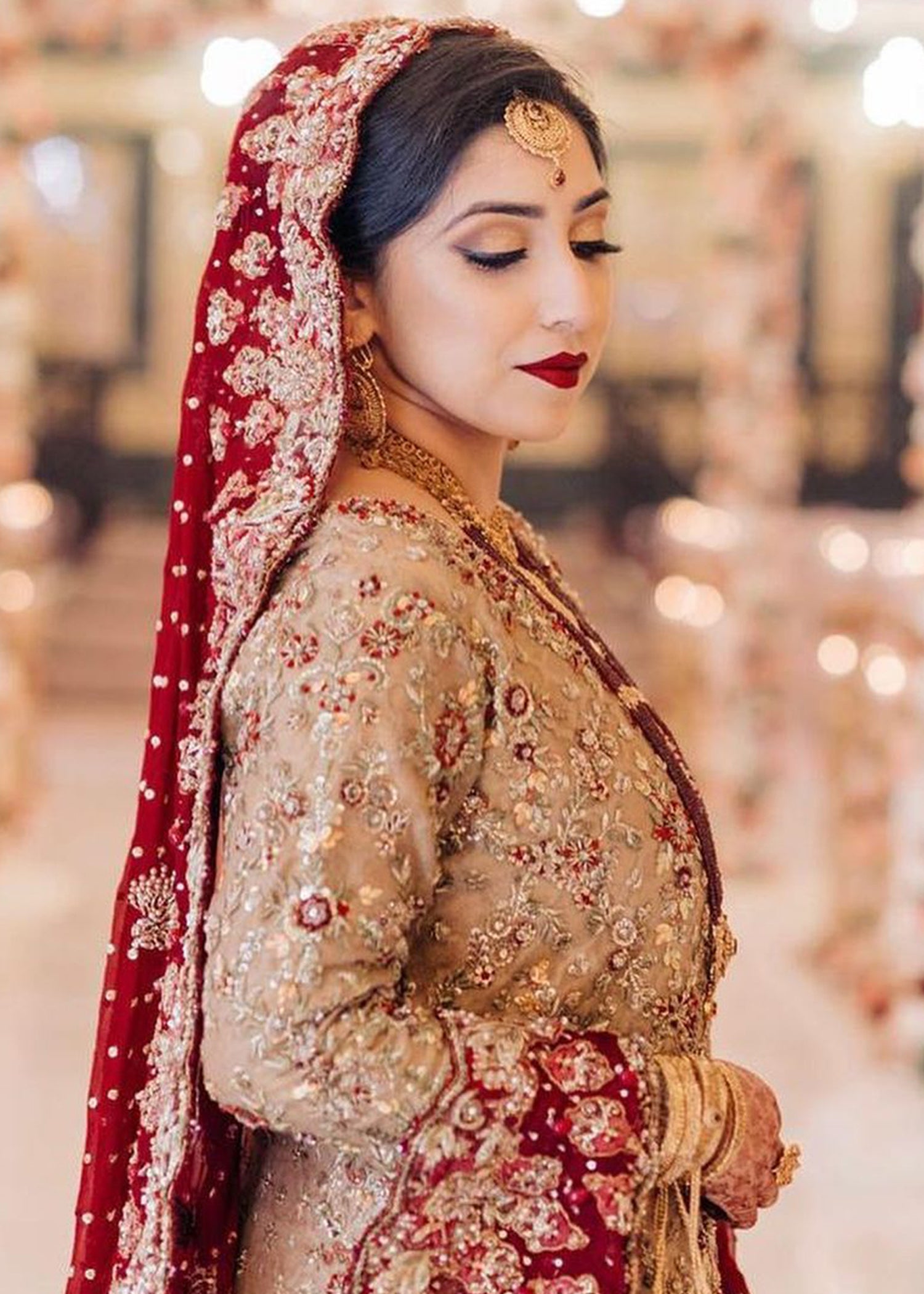 Pakistani Deep Red Gold Embroidered Jamawar Bridal Lehenga (3-Piece) - Image 3