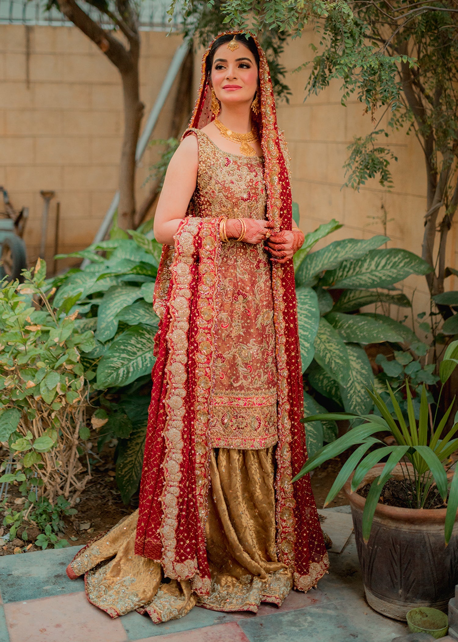 Deep Red Zardozi Brocade Bridal Lehenga (3-Piece) - Image 1