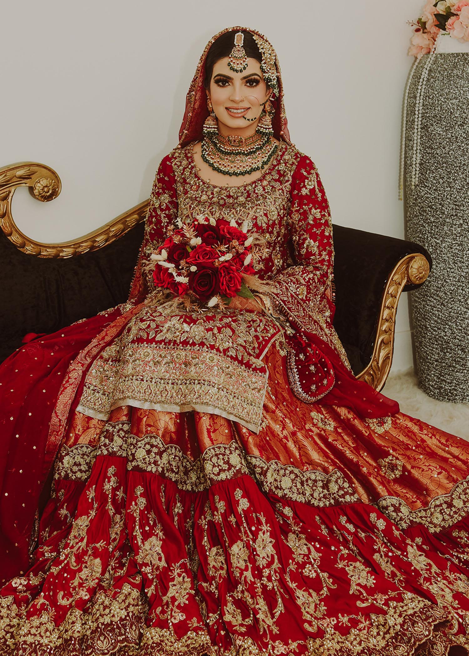 Deep Red Embroidered Brocade Bridal Lehenga (3-Piece) - Image 2