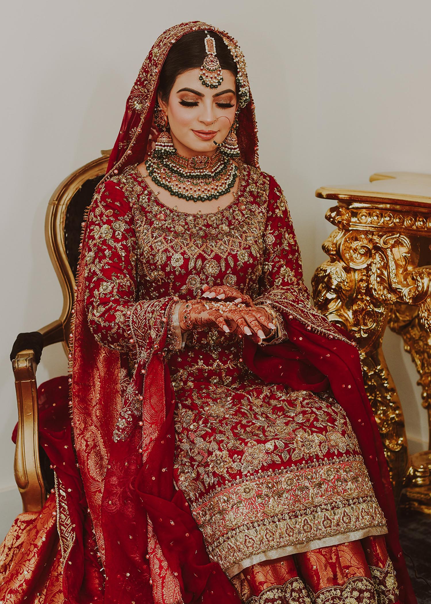 Deep Red Embroidered Brocade Bridal Lehenga (3-Piece) - Image 3