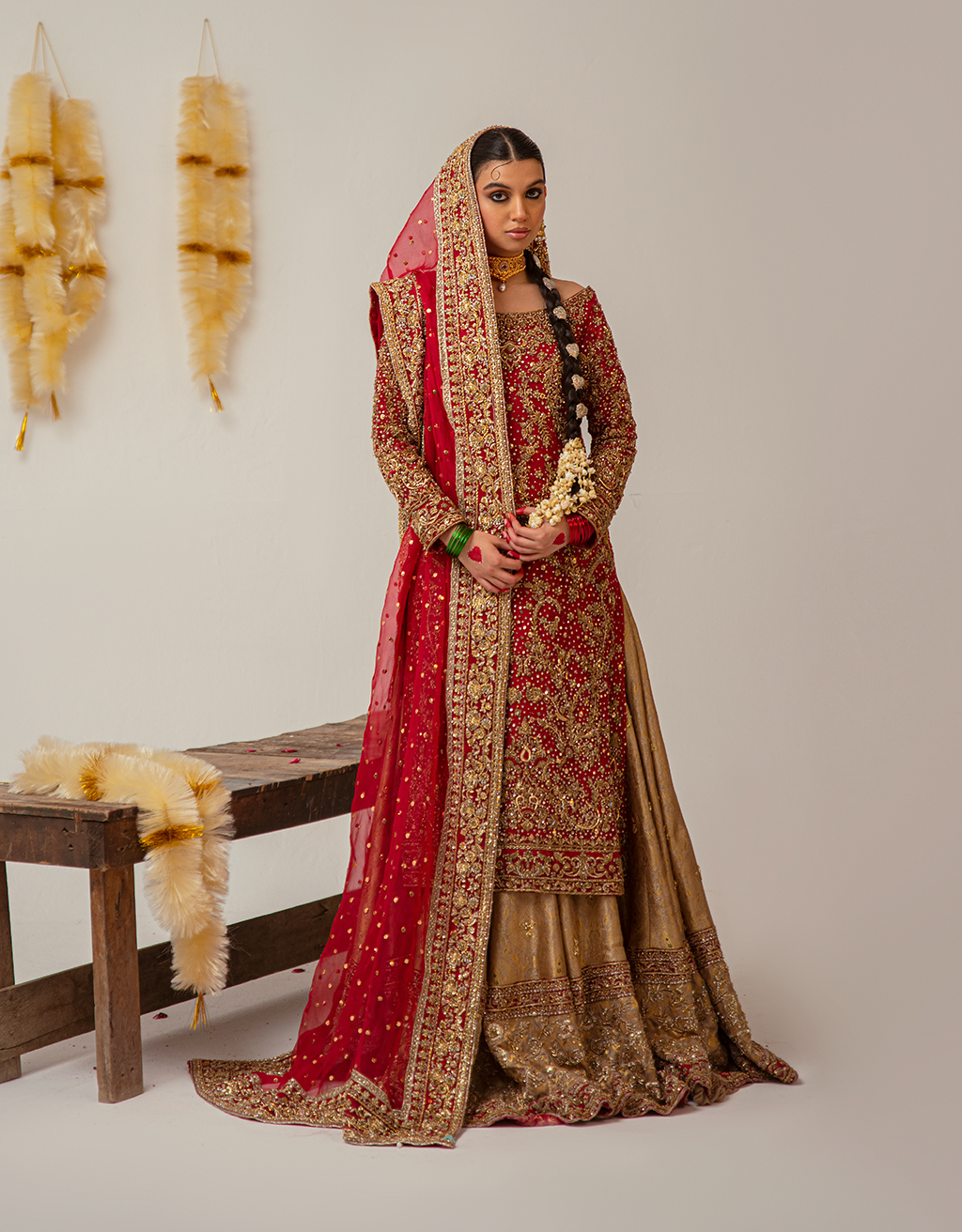 Deep Red Gold Embroidered Silk Bridal Lehenga (3-Piece) - Image 1