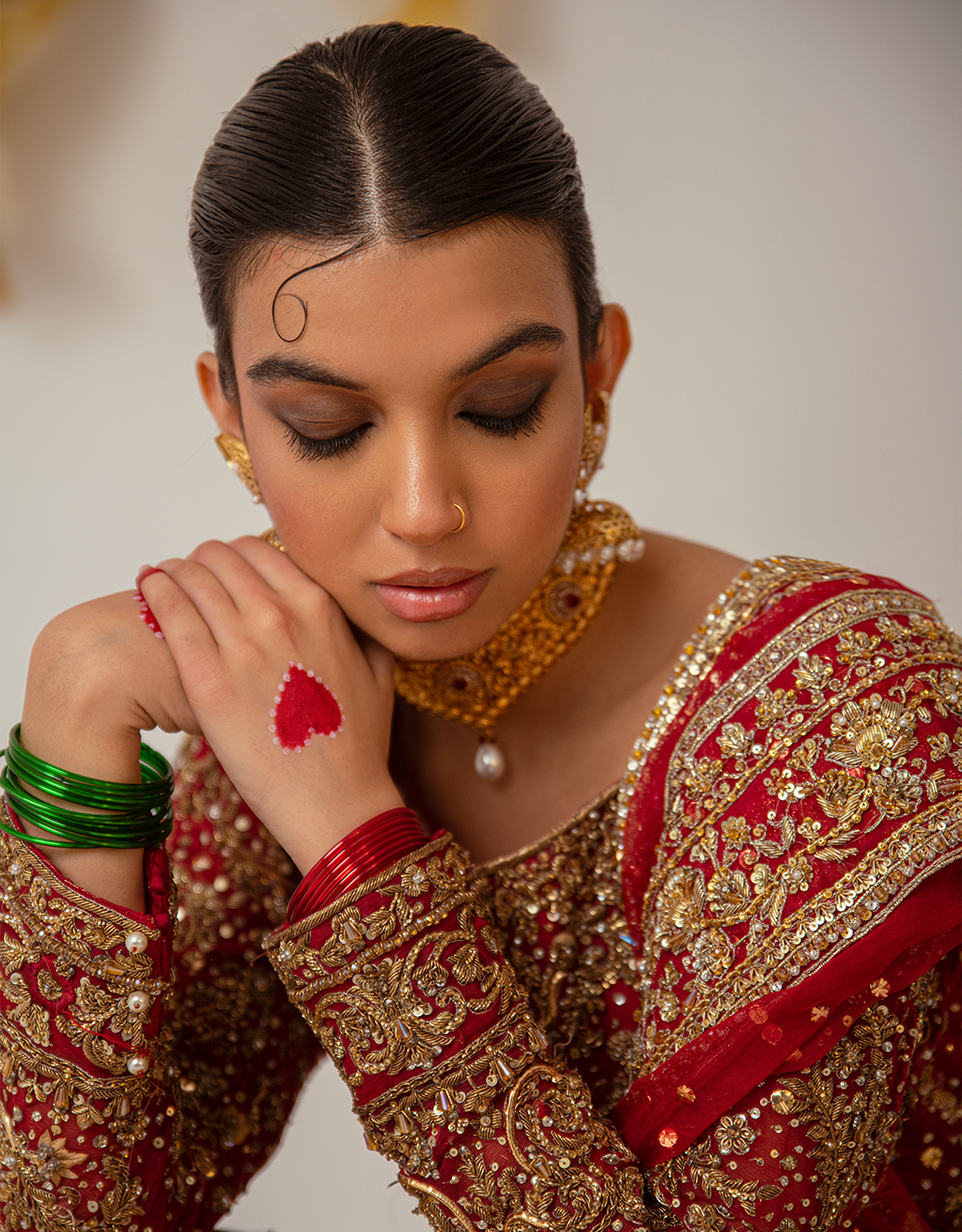 Deep Red Gold Embroidered Silk Bridal Lehenga (3-Piece) - Image 2