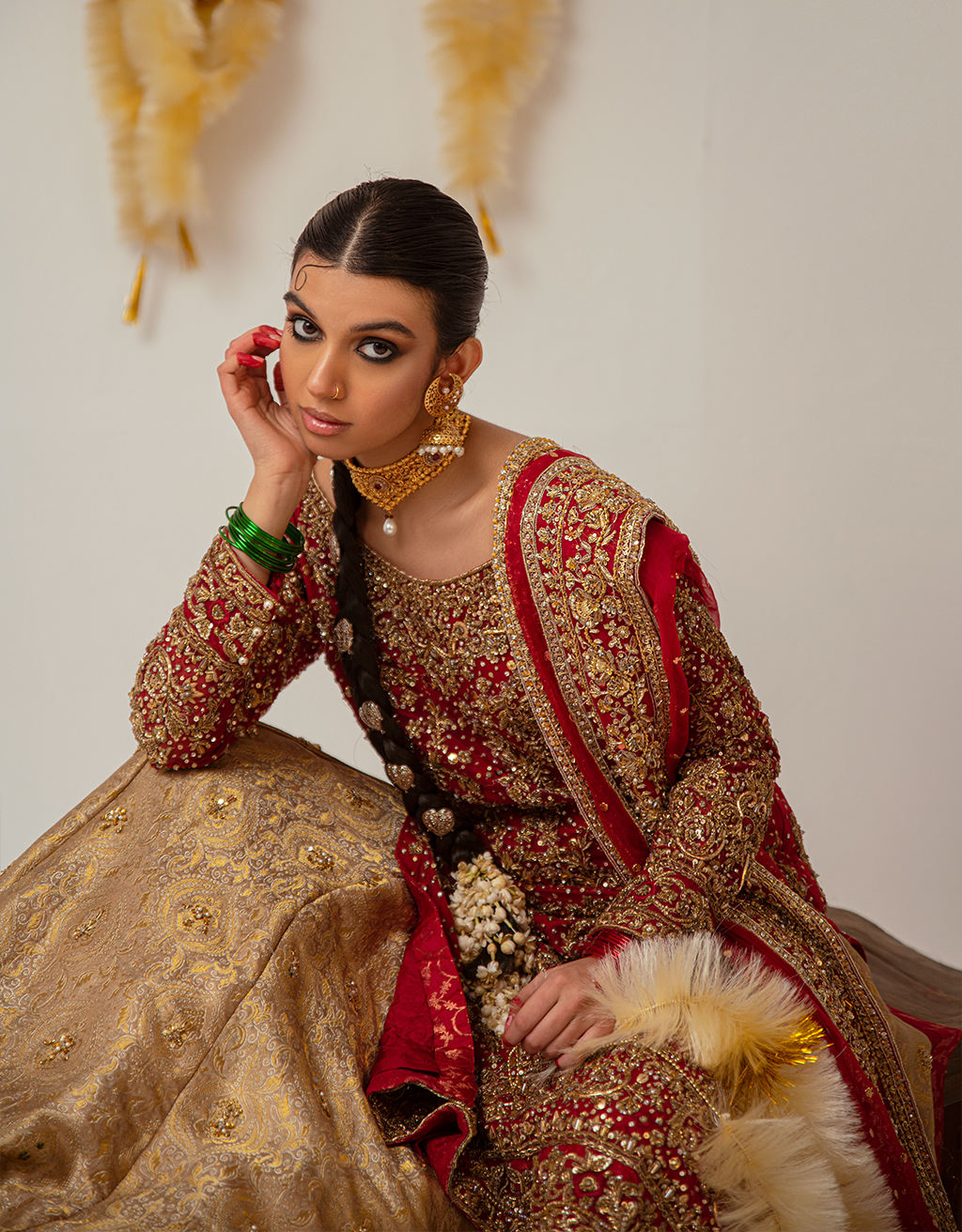 Deep Red Gold Embroidered Silk Bridal Lehenga (3-Piece) - Image 3