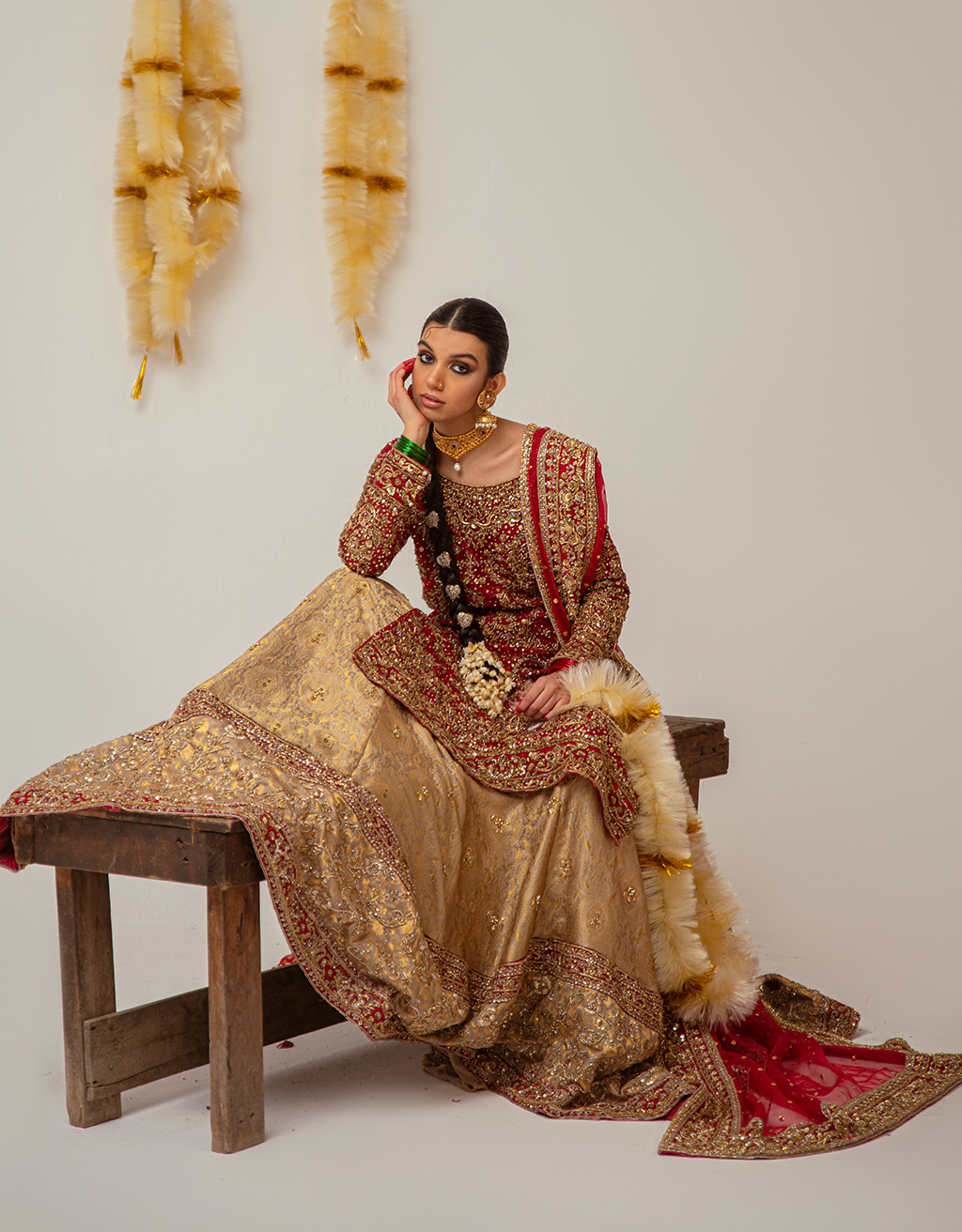 Deep Red Gold Embroidered Silk Bridal Lehenga (3-Piece) - Image 4