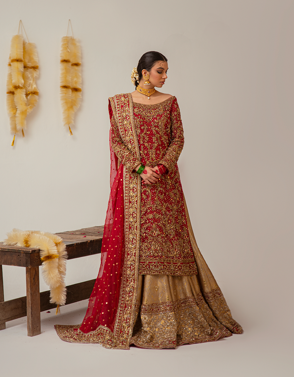Deep Red Gold Embroidered Silk Bridal Lehenga (3-Piece) - Image 5