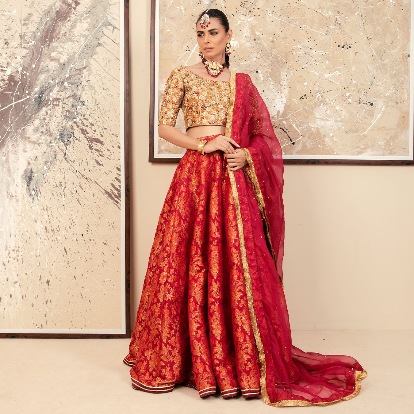Burnt Orange & Red Zardozi Zari Tissue Lehenga (4-Piece) - Image 1