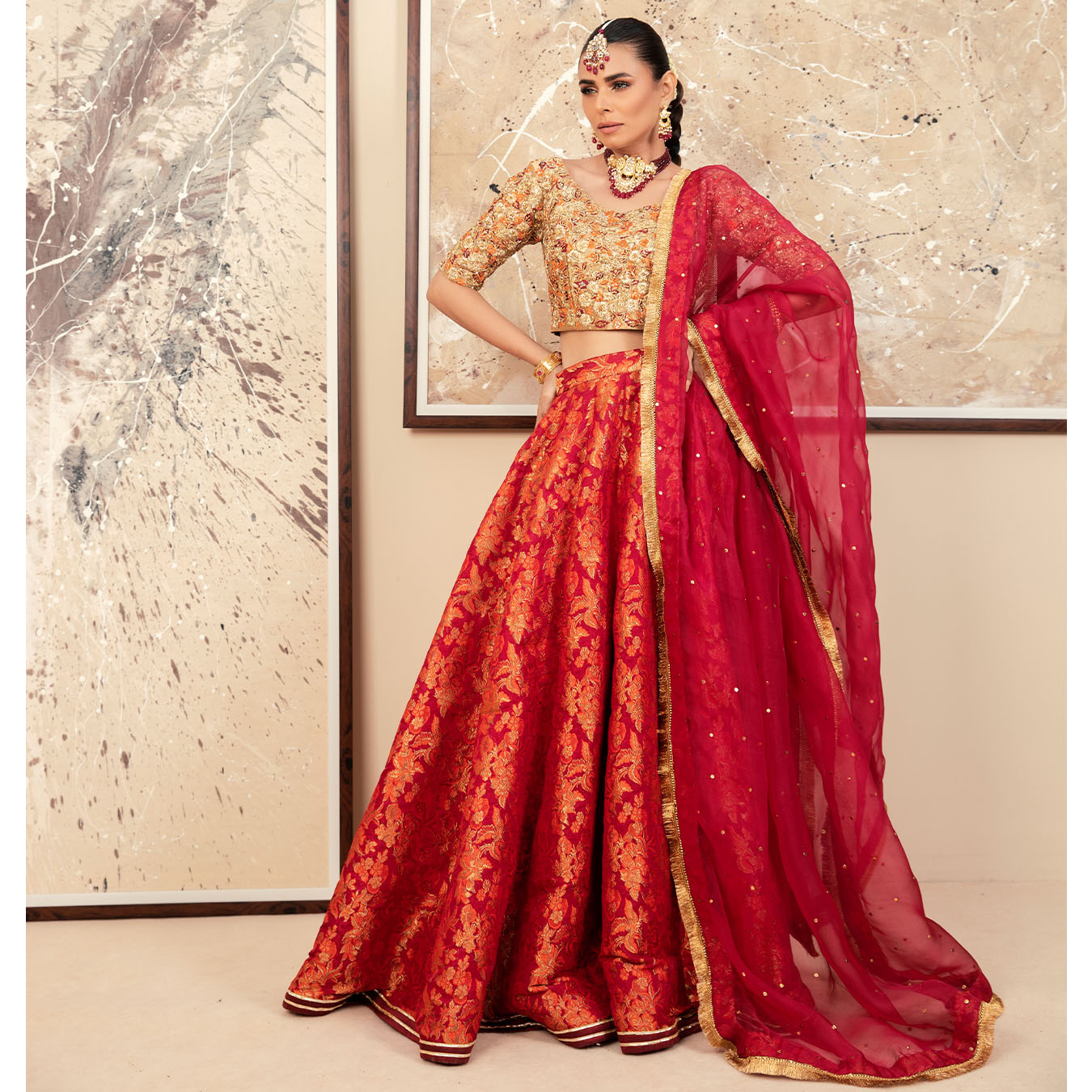 Burnt Orange & Red Zardozi Zari Tissue Lehenga (4-Piece) - Image 2
