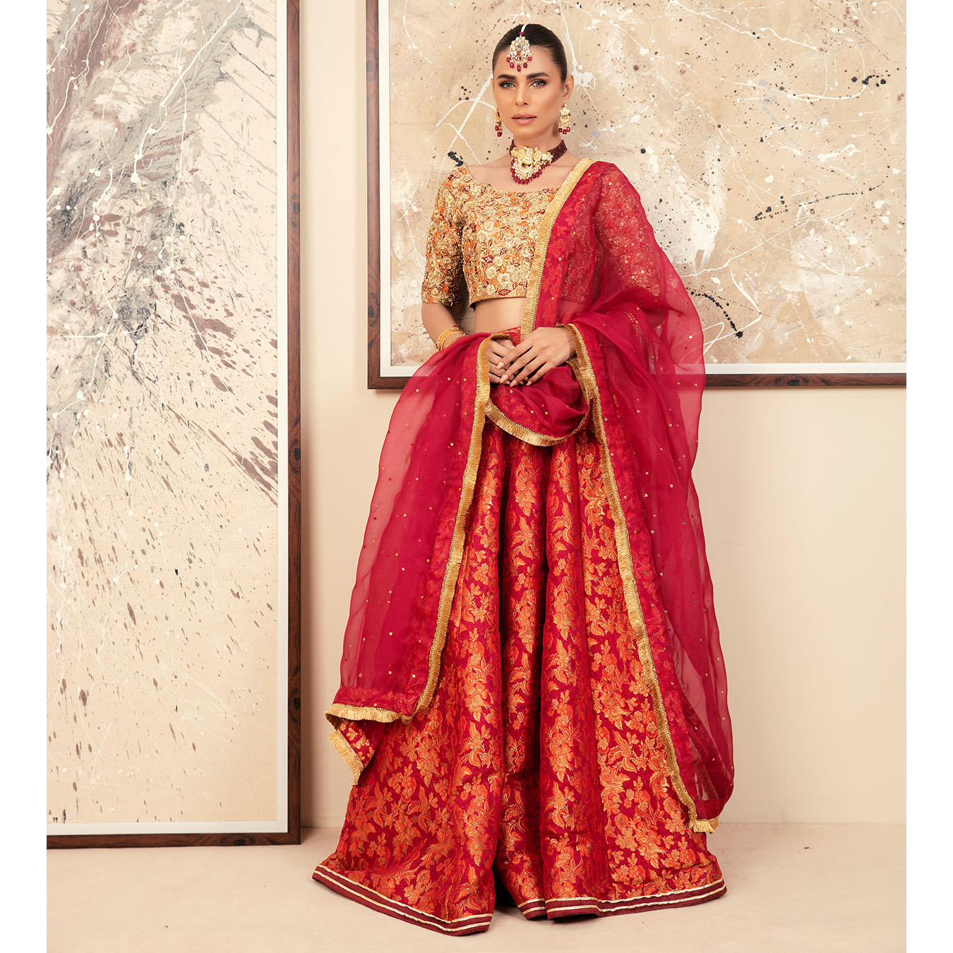 Burnt Orange & Red Zardozi Zari Tissue Lehenga (4-Piece) - Image 3