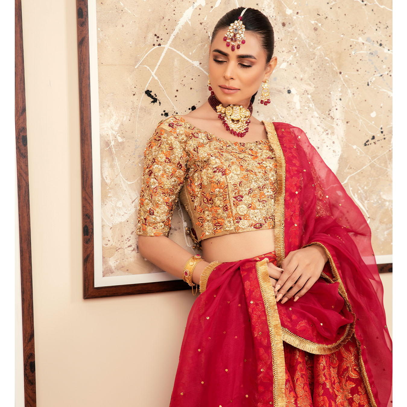 Burnt Orange & Red Zardozi Zari Tissue Lehenga (4-Piece) - Image 4