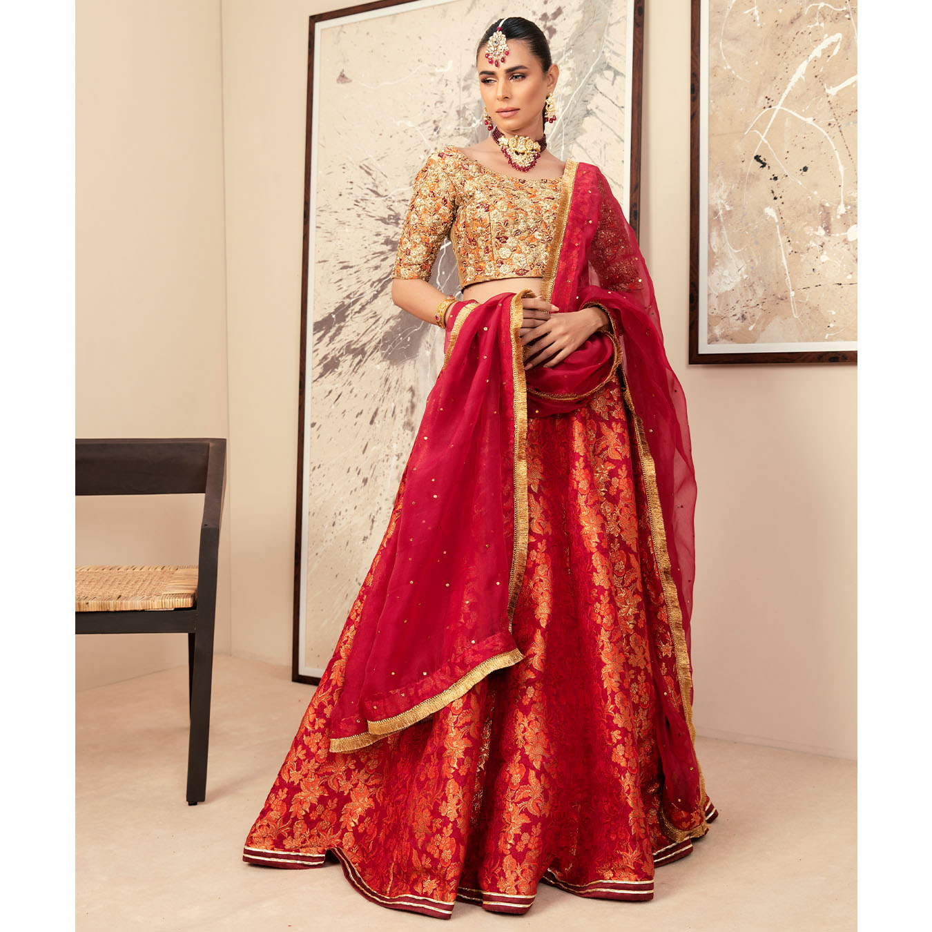 Burnt Orange & Red Zardozi Zari Tissue Lehenga (4-Piece) - Image 5