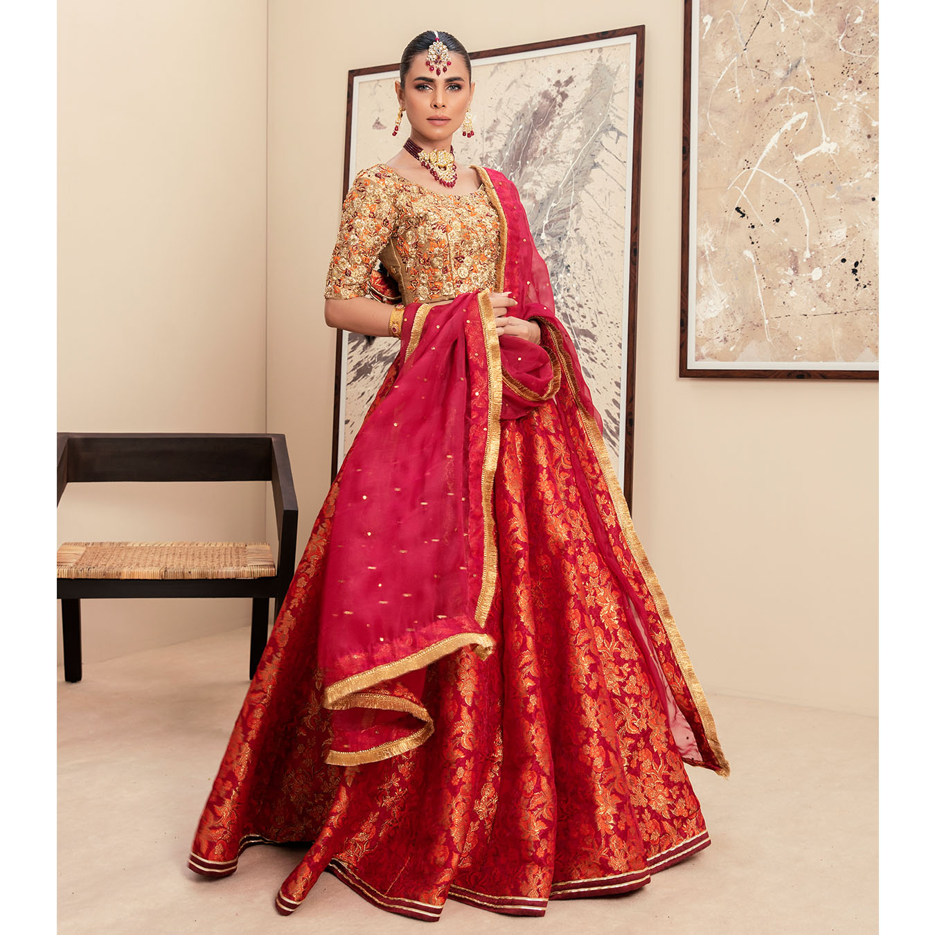 Burnt Orange & Red Zardozi Zari Tissue Lehenga (4-Piece) - Image 6