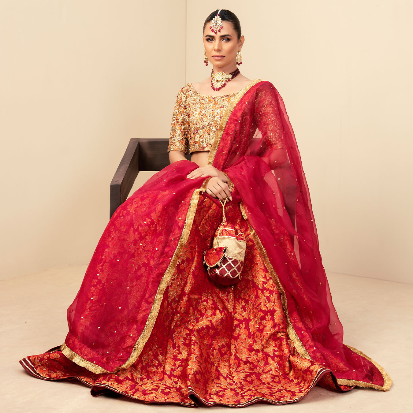 Burnt Orange & Red Zardozi Zari Tissue Lehenga (4-Piece) - Image 7