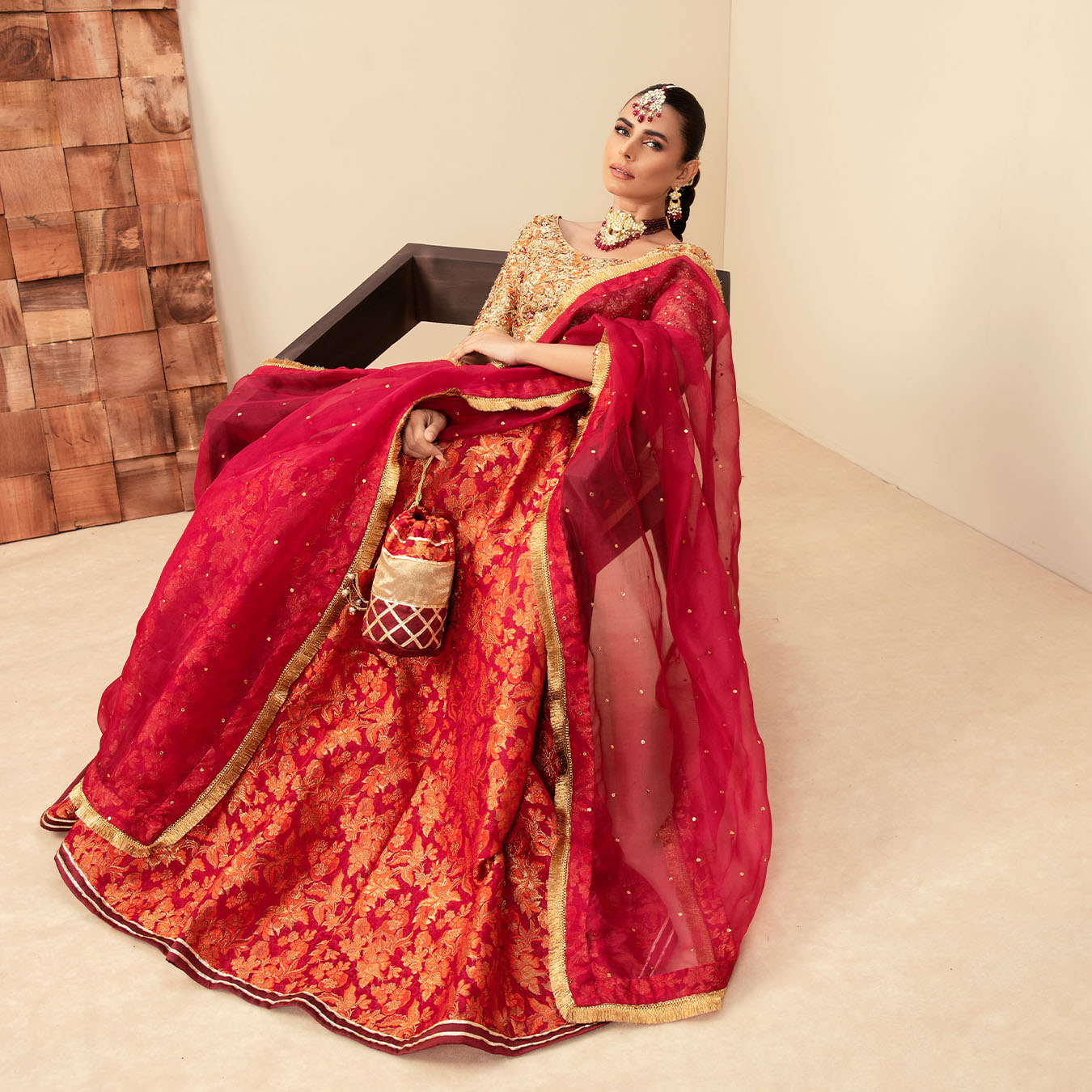 Burnt Orange & Red Zardozi Zari Tissue Lehenga (4-Piece) - Image 8