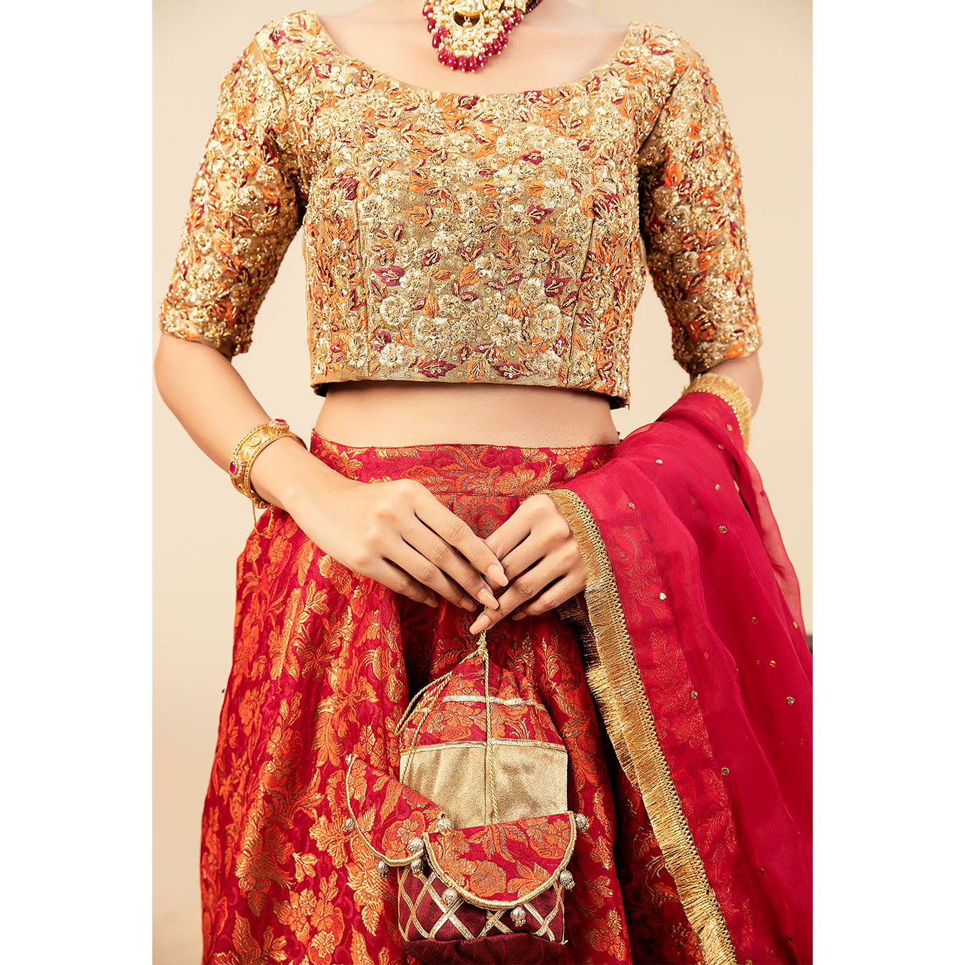 Burnt Orange & Red Zardozi Zari Tissue Lehenga (4-Piece) - Image 9