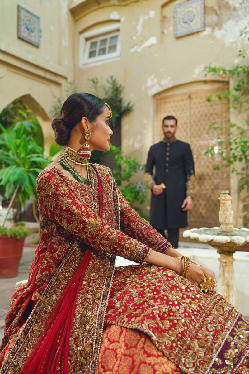 Deep Red Embellished Silk Blend Bridal Lehenga (3-Piece) - Image 1