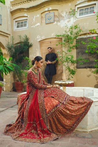 Deep Red Embellished Silk Blend Bridal Lehenga (3-Piece) - Image 3
