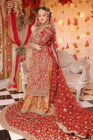 Pakistani Deep Red Gold Embroidered Silk Bridal Lehenga (3-Piece) - Image 2