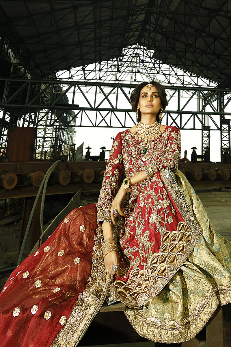 Deep Tomato Red Zari Embroidered Silk Bridal Lehenga (3-Piece) - Image 1