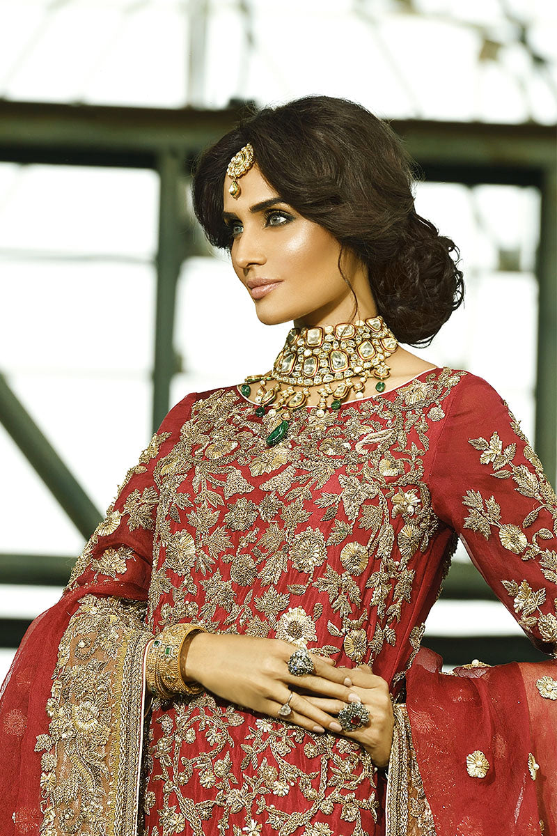 Deep Tomato Red Zari Embroidered Silk Bridal Lehenga (3-Piece) - Image 2