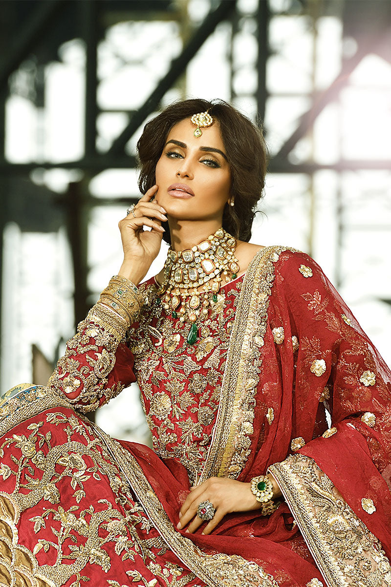 Deep Tomato Red Zari Embroidered Silk Bridal Lehenga (3-Piece) - Image 3