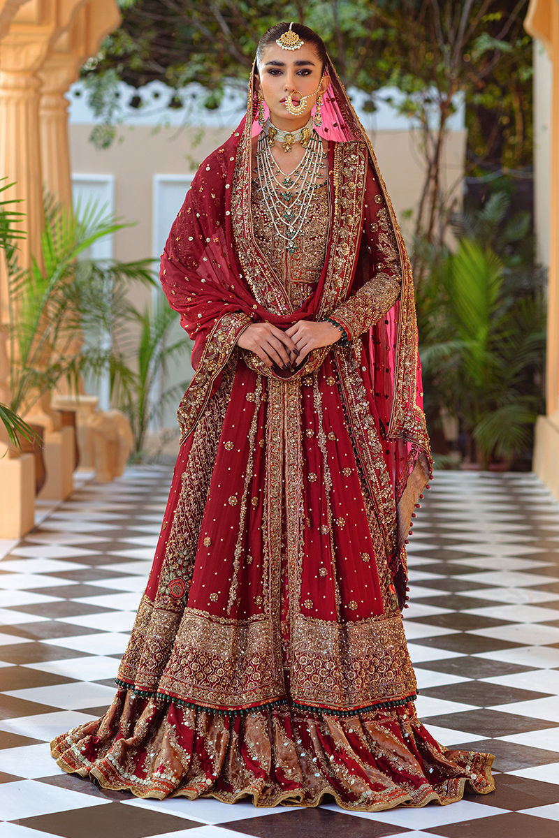 Deep Red Chattapatti Chiffon Pishwas Lehenga (3-Piece) - Image 1