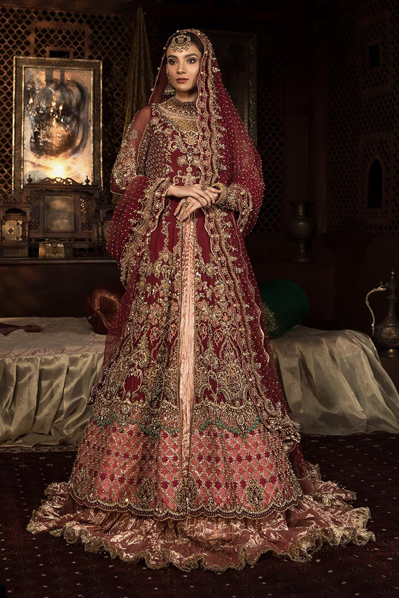 Pakistani Ruby Red Embellished Chiffon & Tissue Bridal Lehenga (3-Piece) - Image 1