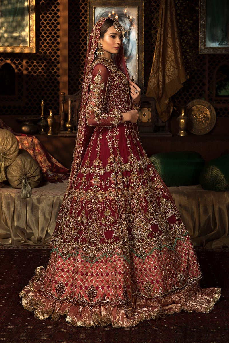 Pakistani Ruby Red Embellished Chiffon & Tissue Bridal Lehenga (3-Piece) - Image 2