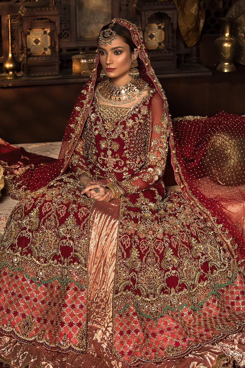 Pakistani Ruby Red Embellished Chiffon & Tissue Bridal Lehenga (3-Piece) - Image 3