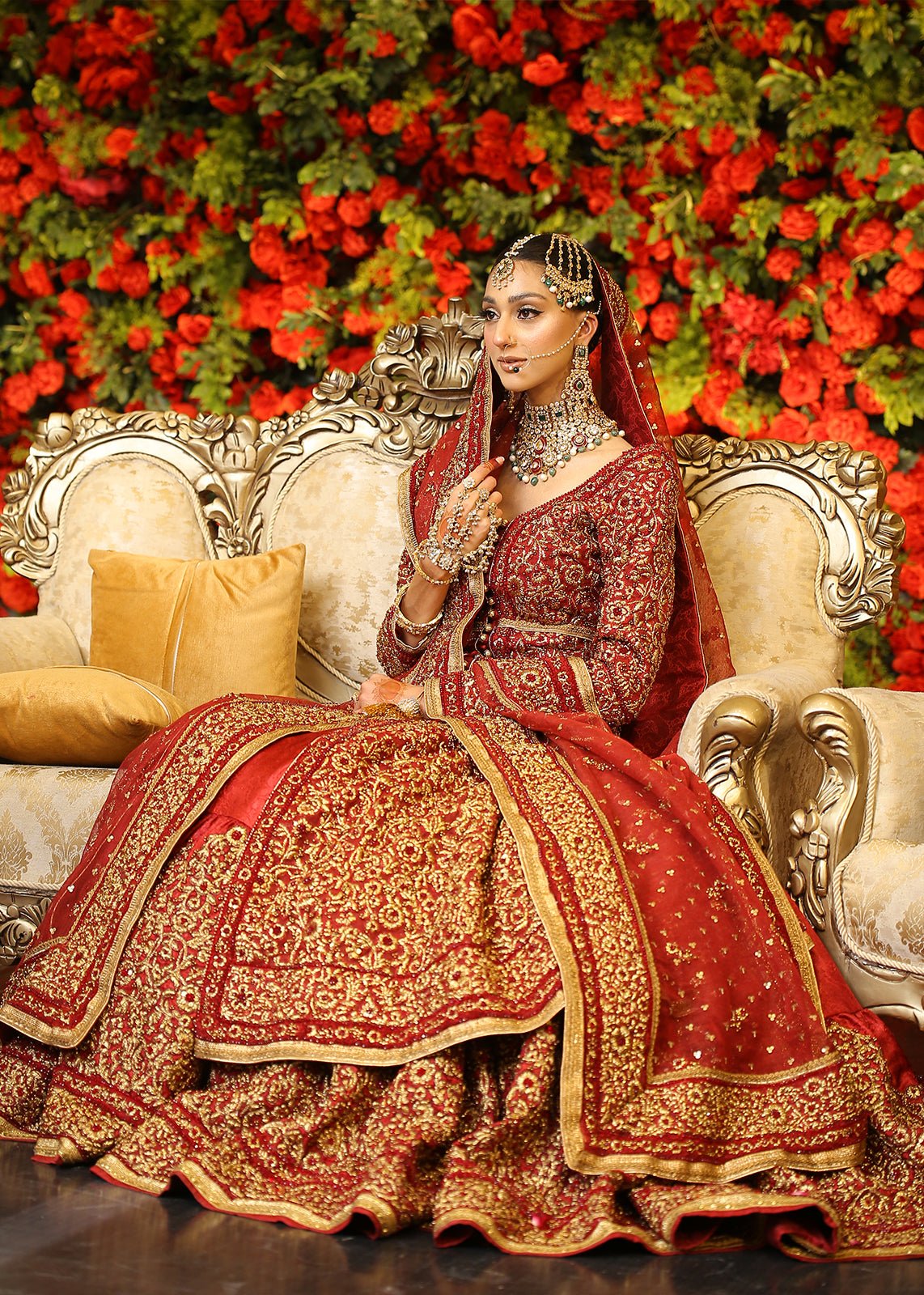 Red Zardozi Chiffon Jamawar Bridal Lehenga (3-Piece) - Image 2