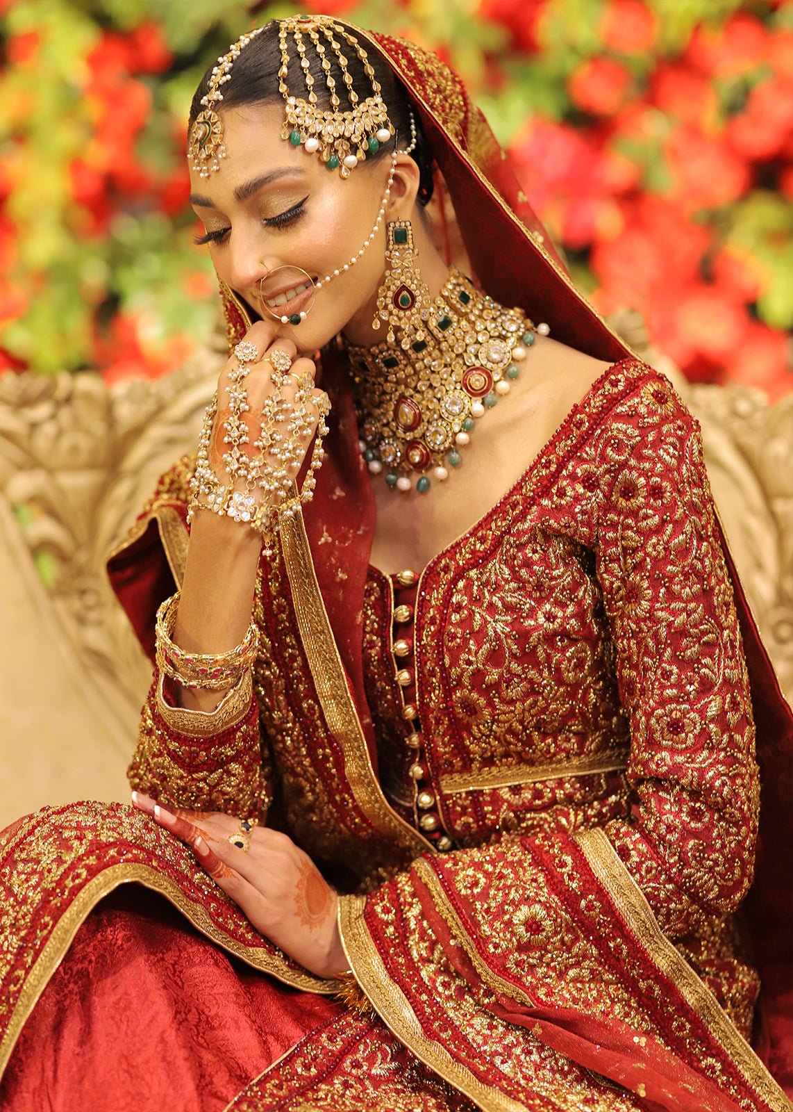 Red Zardozi Chiffon Jamawar Bridal Lehenga (3-Piece) - Image 3
